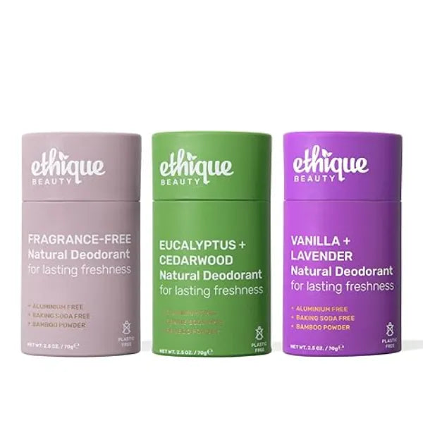 Ethique Beauty Deodorant Set for Men & Women Eucalyptus & Cedarwood Deodorant Stick + Vanilla & Lavender Deodorant Stick + Minimalist Unscented Dedorant Stick Aluminum Free, Plastic Free
