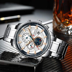 CURREN Luxury Leather Quartz Chronograph Analogue Silver RG Men Casual Wrist Watch Sport Watches CR-8362