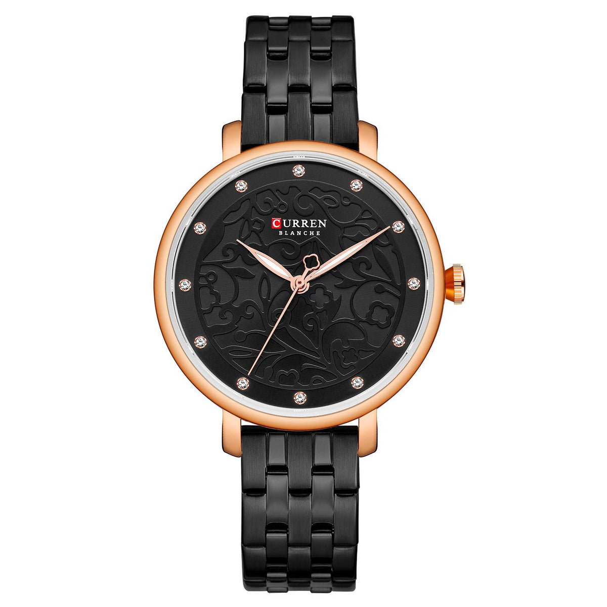 CURREN 9046 Quartz Women Wristwatch Carved Flower Embroidered Style Watch for Ladies Womens Watches with Leatherette PU Strap Stainless Steel Band Waterproof Wearable Accessories - Black