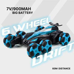 RC Car Toys, 6WD Remote Control Stunt Car, All-Terrain RC Car with 360° Swing-Arm, LED Lights, Music, Smoke Effects, 900 mAh Battery, Dual 2.4 Ghz & Motion-Sense Control - Toys for Kids (Blue)