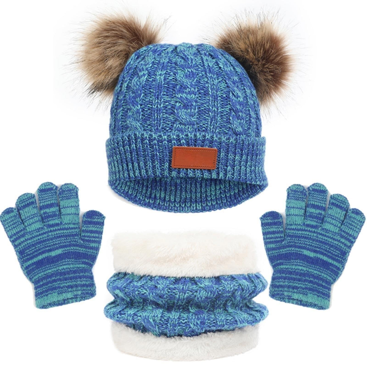 Kids Winter Hat Gloves Scarf Set for 2-6 Years Old - Warm Knit Pompom Beanie Cap Neck Warmer Gloves, Winter Warm Knitted Beanie Hat Scarf Gloves Set, Pure Plush - Blue