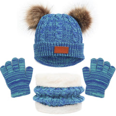Kids Winter Hat Gloves Scarf Set for 2-6 Years Old - Warm Knit Pompom Beanie Cap Neck Warmer Gloves, Winter Warm Knitted Beanie Hat Scarf Gloves Set, Pure Plush - Blue