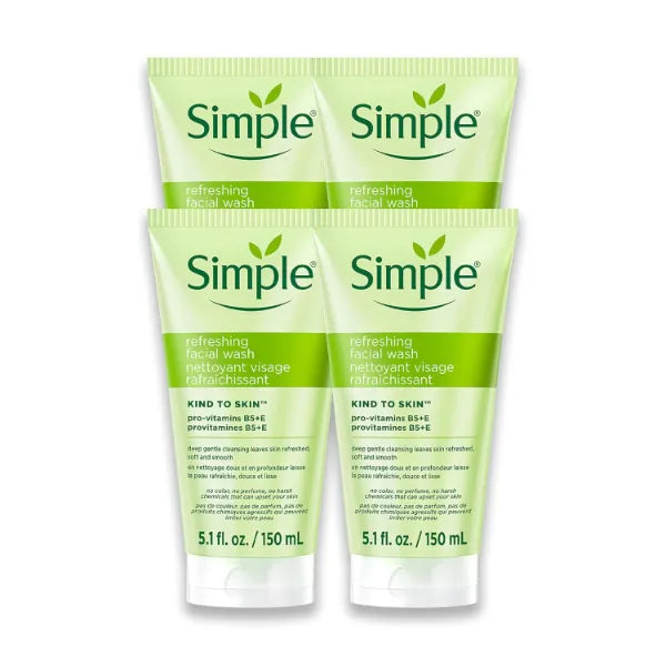 Simple Kind To Skin Refreshing Face Wash - Facial Cleanser with Vitamin B5 and E - Strengthens and Smooths Skin - Vegan, No Harsh Chemicals - 5.1 Fl oz