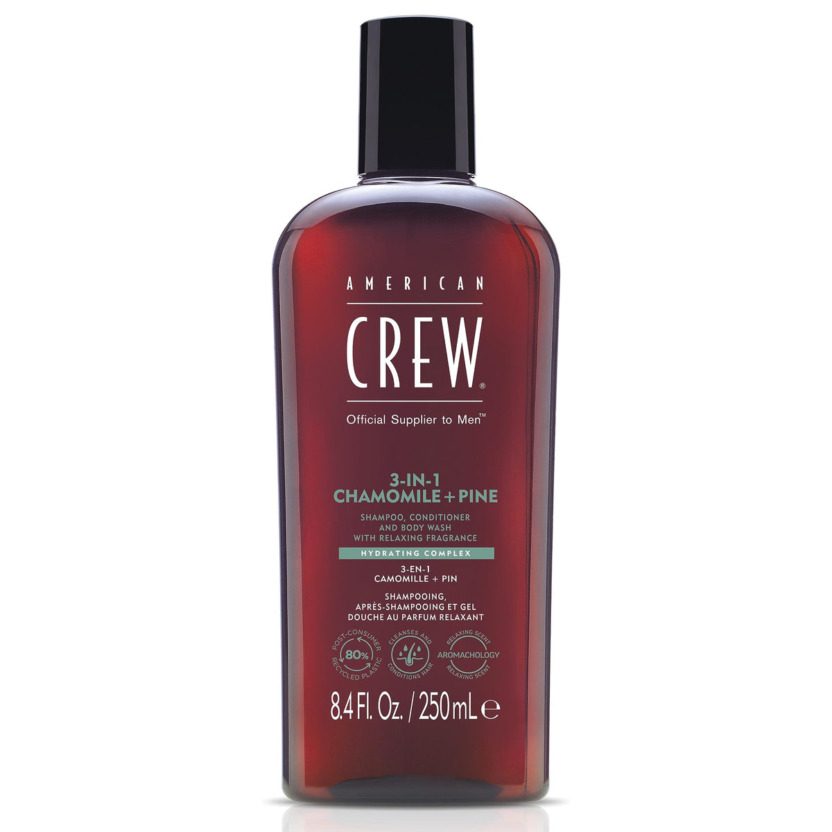American Crew 3-in-1 Chamomile & Pine Shampoo, Conditioner & Body Wash for Men, Daily Cleansing of Body and Hair - 250 ml