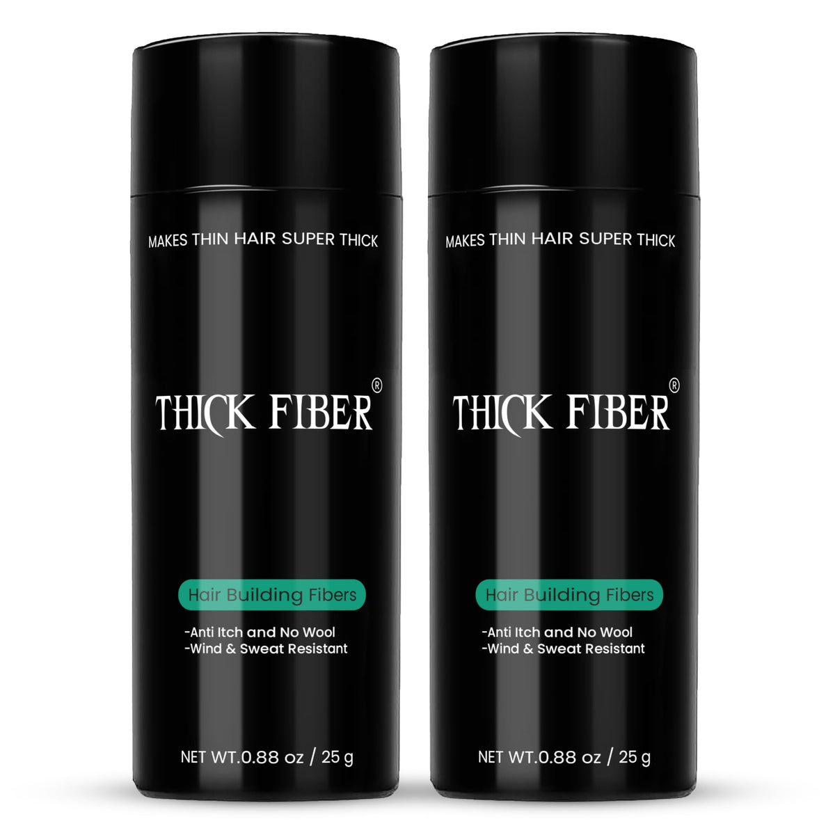 THICK FIBER Hair Building Fibers for Thinning Hair & Bald Spots (BLACK, Pack of 2) - 25g Bottle - Conceals Hair Loss in Seconds - Hair Fiber concealer for Men & Women