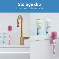 Dr Brown's Natural Flow Dr. Soft Touch No Scratch Baby Bottle Cleaning Brush Cleaner with Stand and Storage Clip, BPA Free, Pink 1-Pack