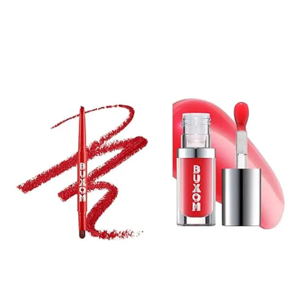 Buxom Full On Glossy Lip Oil in Cherry Flip Power Line Plumping Lip Liner in Real Red