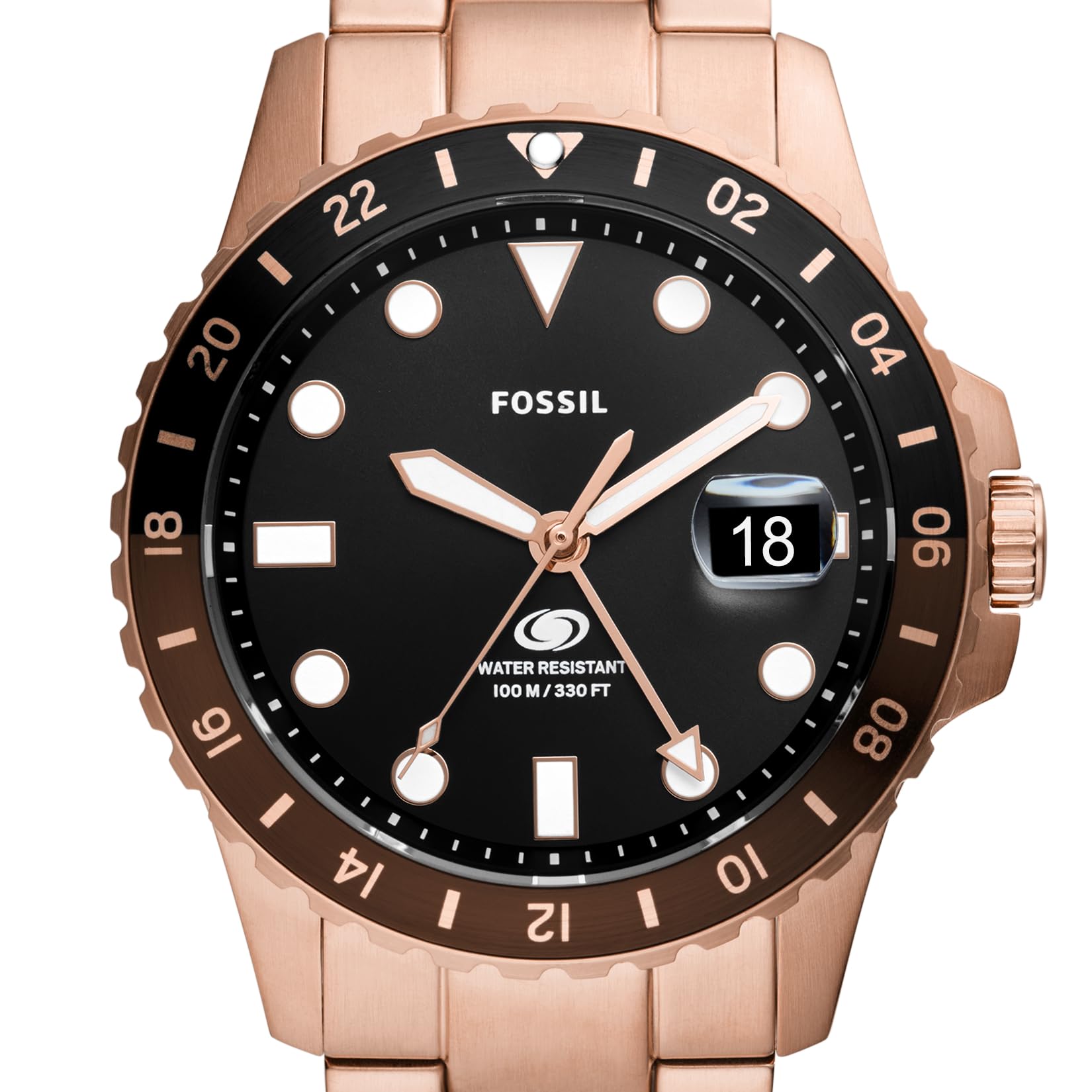 Fossil Men's Blue GMT Stainless Steel Three-Hand Watch, Color: Rose Gold/Chocolate (Model: FS6027)