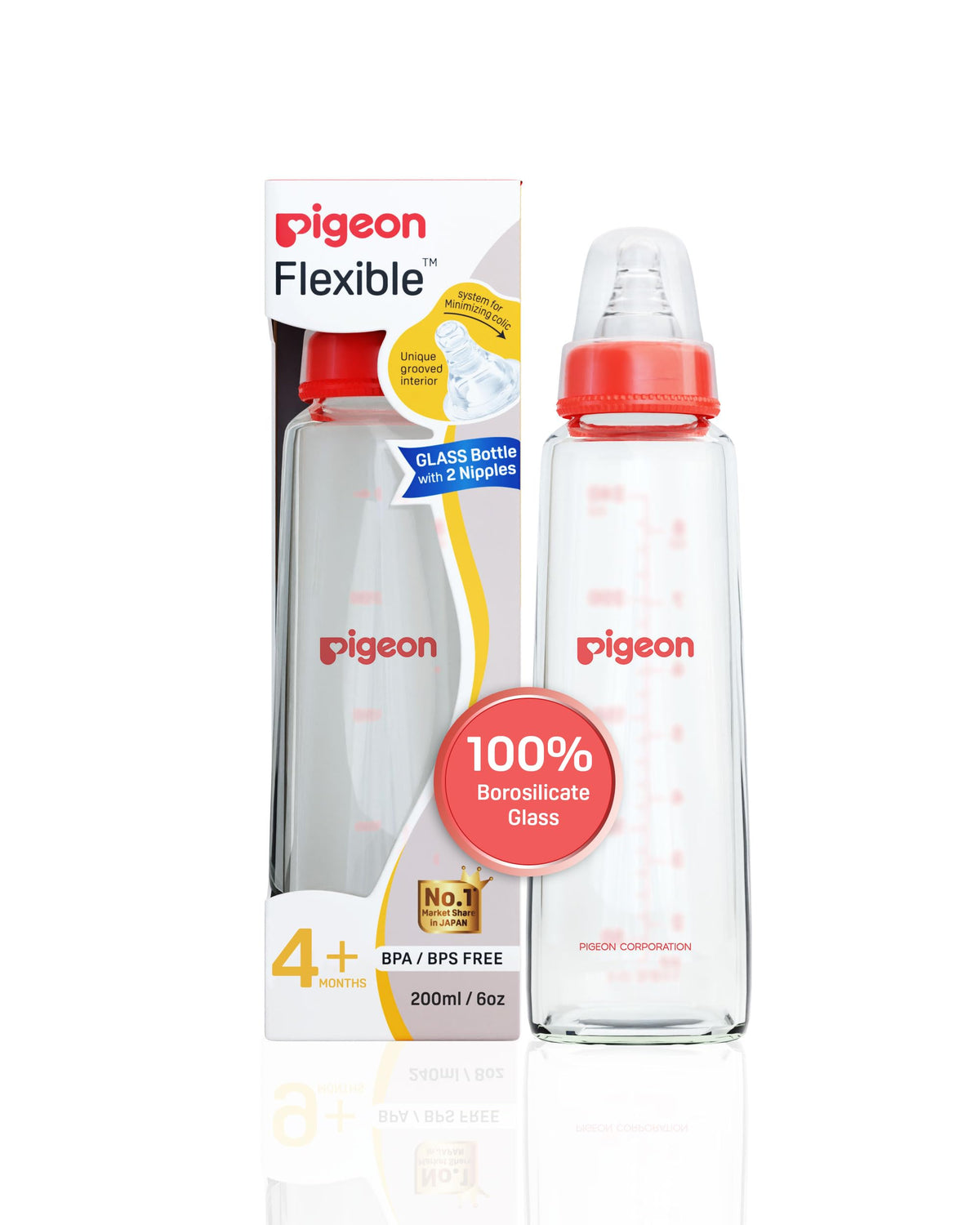 PIGEON Glass Feeding Bottle 200ML (RED) with ADD M