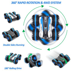FREE TO FLY Remote Control Car Boat Truck- Amphibious 4WD Stunt Cars 2.4Ghz Rotating 360° Offroad Terrain RC Vehicle Water Land for Kids 8 9 10 11 12 Years Old (Blue)