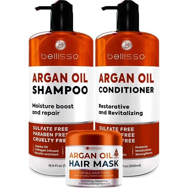 BELLISSO Argan Oil Conditioner and Argan Oil Shampoo and Moroccan Argan Oil Mask