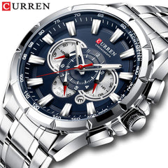 Curren Watch Curren Wrist Watch Men Waterproof Chronograph Military Army Stainless Steel Male Clock Man Sport Watches 8363 (Silver Blue)