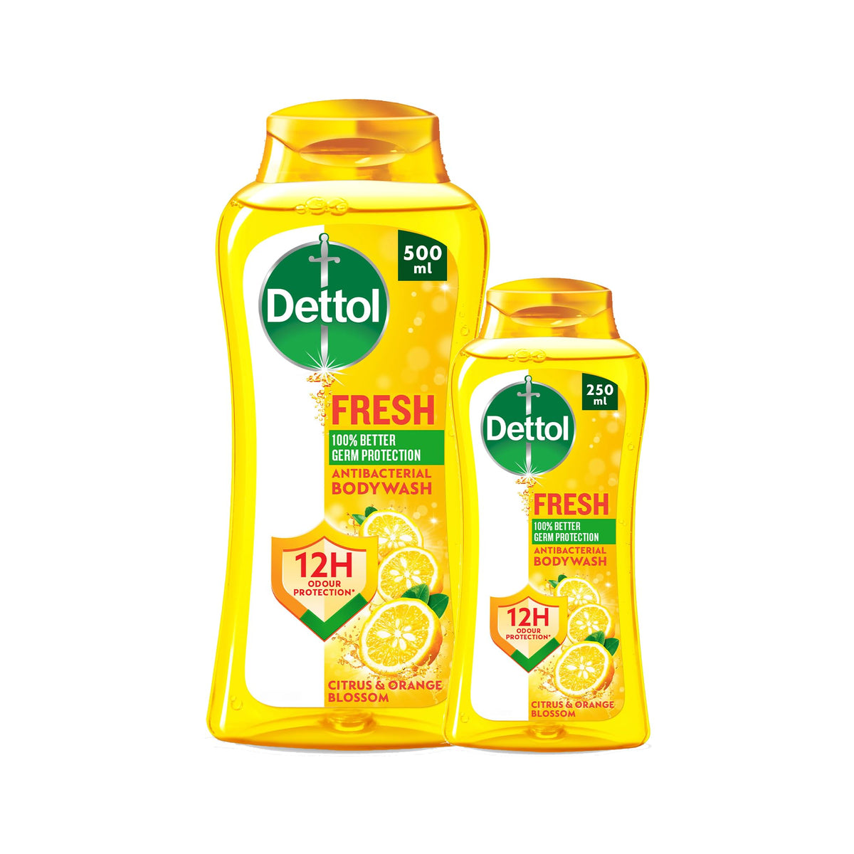 Dettol Fresh Showergel & Bodywash, Citrus & Orange Blossom Fragrance for Effective Germ Protection & Personal Hygiene, 250ml and 500ml (Pack of 2) (Packaging may vary)