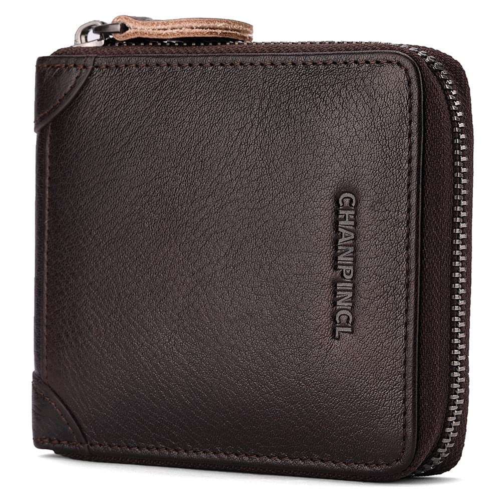 CHANPINCL Mens Genuine Leather Zipper Wallet RFID Secure Large Capacity Double Fold Multi-card Leather Wallets for Men and coin purse (Coffee)