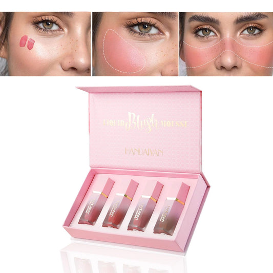 Mousse Liquid Blush For Cheeks Cream Face Blusher Set Stick with Sponge Palette Bronzer Highlighter Shape Contour Moisturizing And Breathable Matte Finish Long-wearing Waterproof For Women Makeup(B)