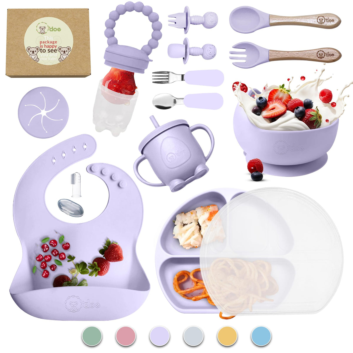 O'doe Baby Led Weaning Feeding Supplies for Toddlers, Baby Feeding Set | Suction Silicone Baby Bowl-Self Eating Utensils Set with Spoons, Bibs, Toddlers Spoon Set | Infant Food Plate Kit (Purple, V2)