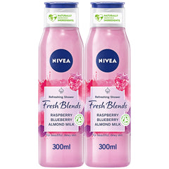 NIVEA Shower Gel Body Wash, Cleansing Fresh Blends Raspberry & Blueberry and Almond Milk, 2x300ml