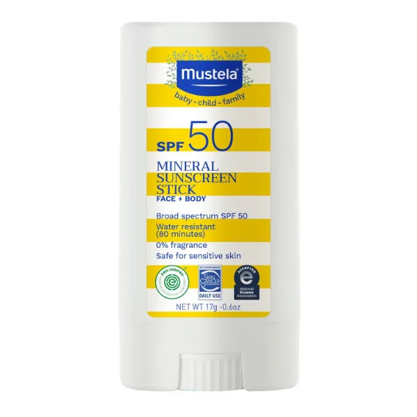 Mustela Baby Mineral Sunscreen Stick SPF 50 Broad Spectrum - Face & Body Sun Stick with 70% Organic Ingredients - Ultra Sheer, Water Resistant & Fragrance-Free – 17g (Pack of 1)