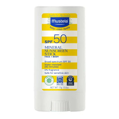 Mustela Baby Mineral Sunscreen Stick SPF 50 Broad Spectrum - Face & Body Sun Stick with 70% Organic Ingredients - Ultra Sheer, Water Resistant & Fragrance-Free – 17g (Pack of 1)