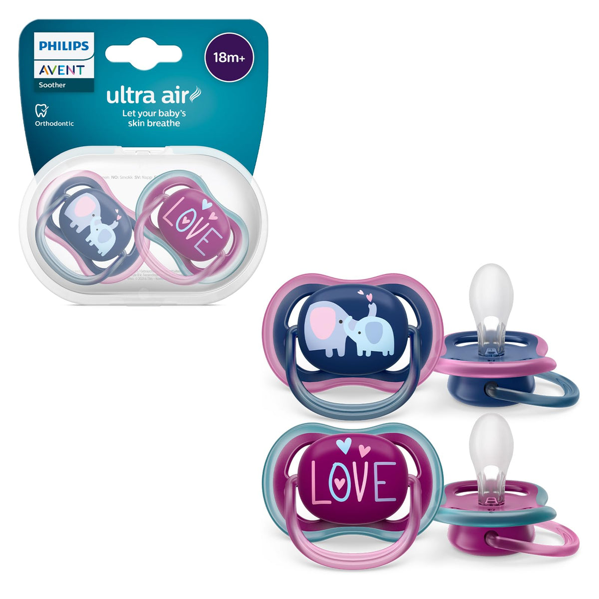 AVENT Philips Ultra Air Soother - 2 x Light, Breathable Baby Soothers for Babies Aged 18 Months Plus, BPA-Free with Steriliser Carry Case (Model SCF349/22)