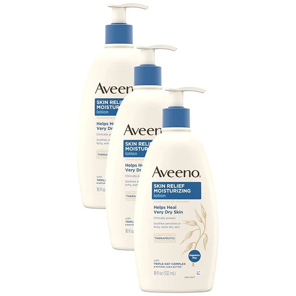 Aveeno Skin Relief Fragrance-Free Moisturizing Lotion for Sensitive Skin, with Natural Shea Butter & Triple Oat Complex, Unscented Therapeutic Body Lotion for Itchy, Extra-Dry Skin, 18 fl. oz (Pack of 3)