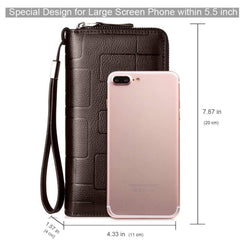 Mens Clutch Bag Handbag Genuine Leather Purse Zipper Long Wallet Business Large Hand Clutch Phone Holder - Stripe Brown Double Zipper