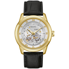 Bulova Men's Classic Sutton 4-Hand Automatic Watch, 24-Hour Sub Dial, Open Aperture, Self-Winding, Exhibition Caseback, Double Curved Mineral Crystal, Luminous Hands, 42mm - Gold