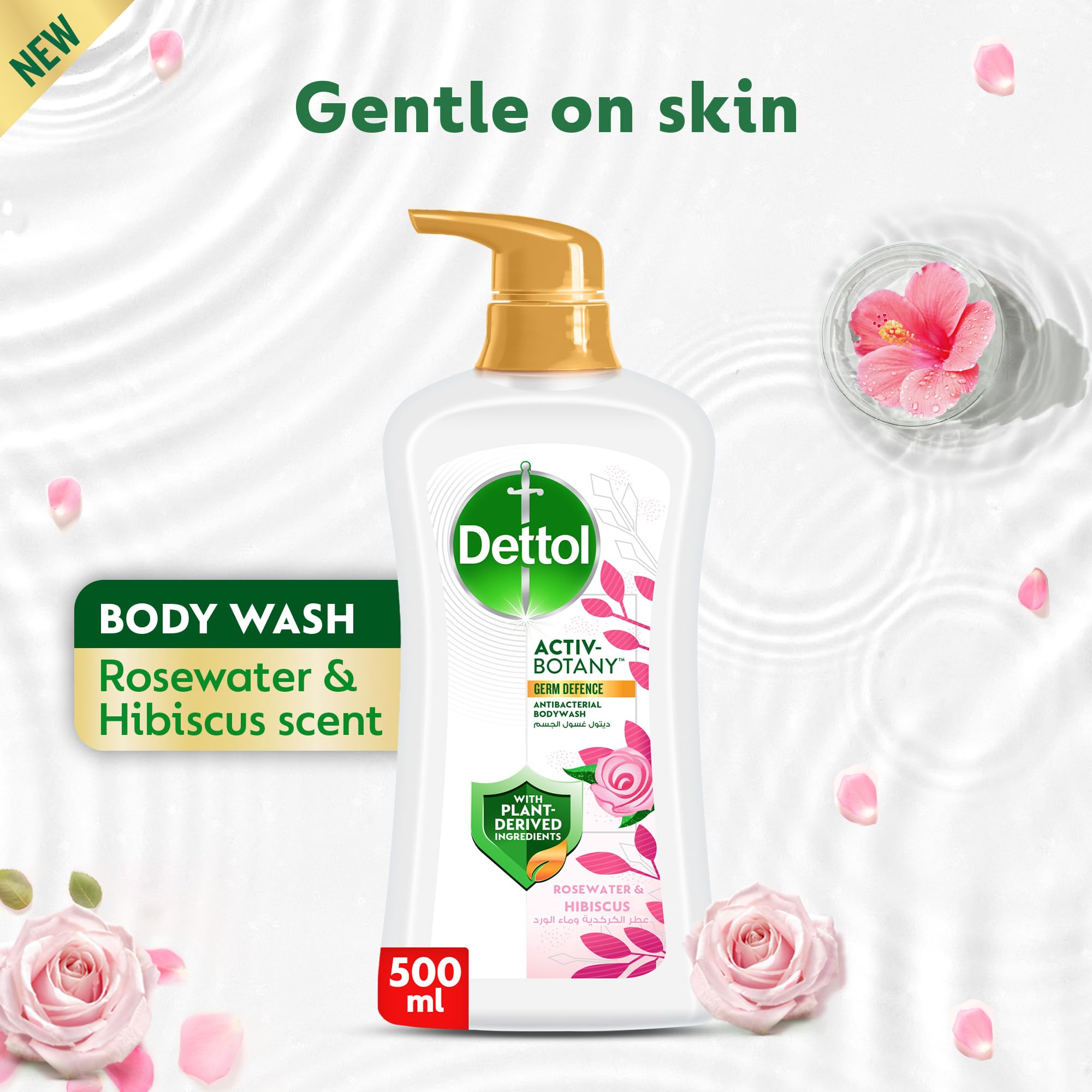 Dettol Activ-Botany Antibacterial Showergel & Bodywash, Rosewater & Hibiscus Fragrance, with Plant-Derived Ingredients for Effective Germ Defence & Personal Hygiene, 500 ml