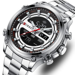 CURREN - Men's Wristwatch - Electronic, Double Movement Quartz Lighted - Sporty and Modern Style - Gift for Birthday, Anniversary, Valentine's Day and Special Dates., Silver