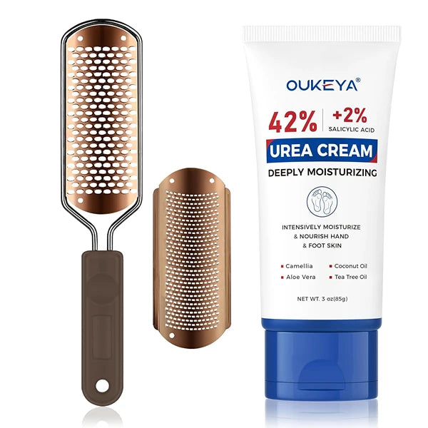 OUKEYA Urea Cream 42 Percent with 2% Salicylic Acid Tube 3 Oz with 304 Stainless Steel Foot Scrubber Callus Remover for Feet