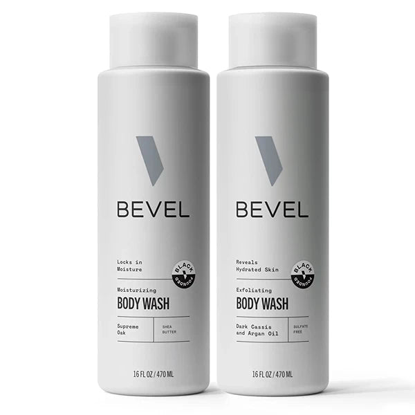 Bevel Exfoliating and Moisturizing Body Wash Bundle for Men - Dark Cassis & Supreme Oak Scent Bundle with Charcoal and Argan Oil, 16 Oz Pack of 2