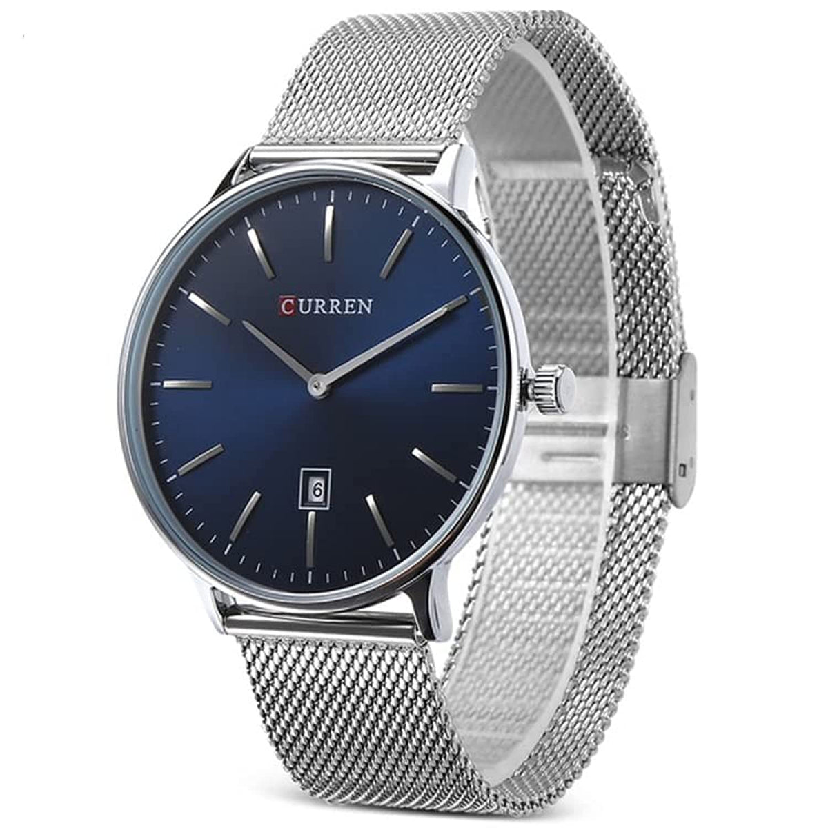 CURREN Mens Analog Watch Stainless Steel Case Blue Dial Date Window Silver Stainless Steel Bracelet