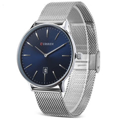 CURREN Mens Analog Watch Stainless Steel Case Blue Dial Date Window Silver Stainless Steel Bracelet