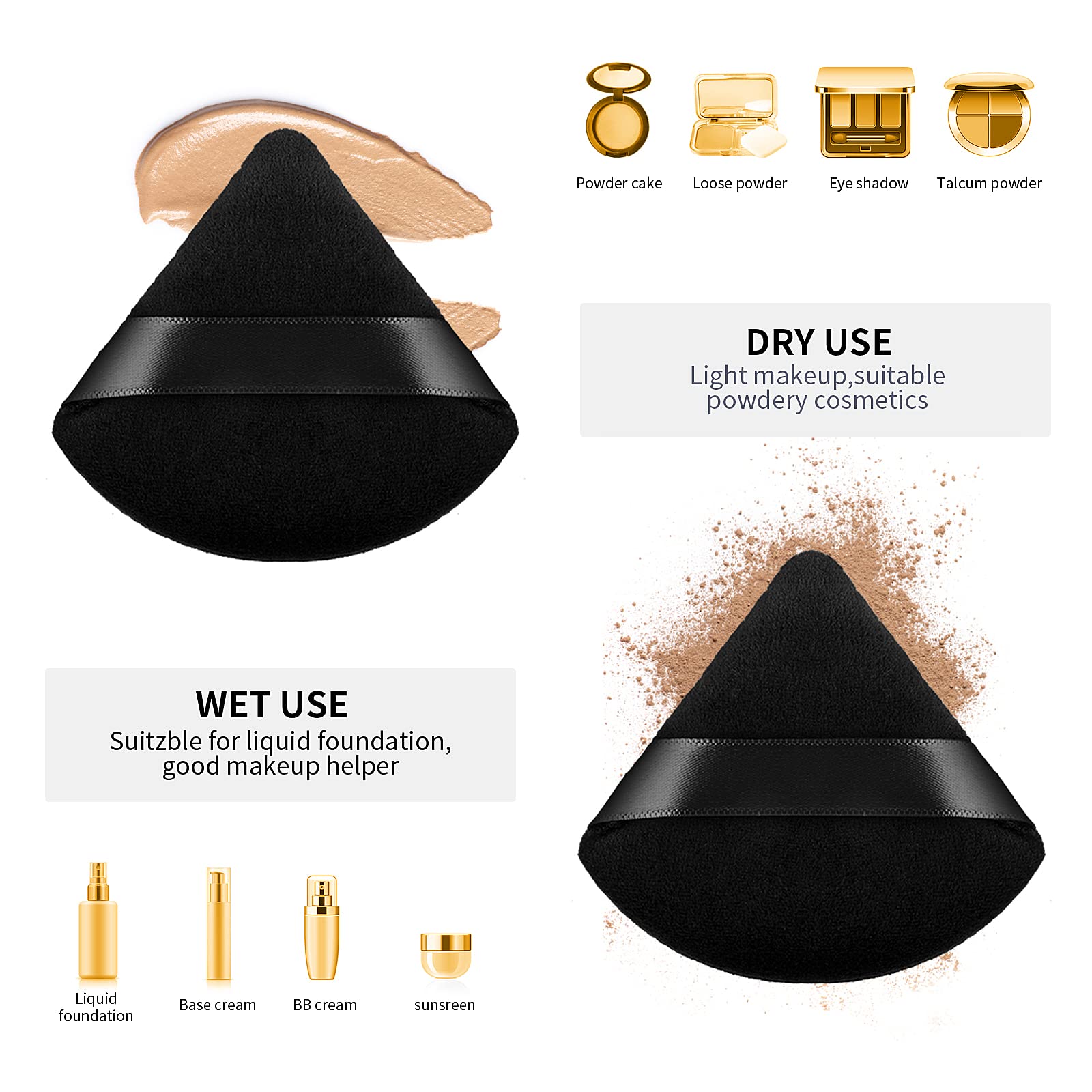 Molain Kahki 2Pcs Powder Puff Triangle Makeup Puff Soft Cosmetic Sponge Reusable Makeup Powder Sponges with Strap for Loose Powder Foundation Eyes Corners Wet Dry Makeup (Black)