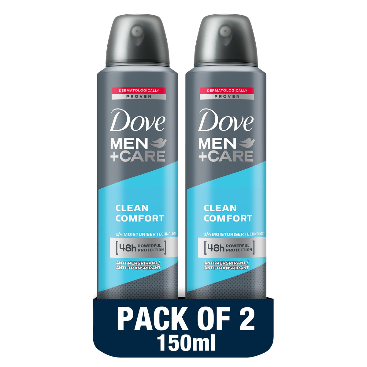Dove Men+Care Antiperspirant Deodorant, with 48 hour powerful protection, Clean comfort, with ¼ moisturiser technology, 150ml