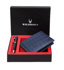 WildHorn® RFID Protected Genuine Leather Wallet & Gift Combo for Men - BLUE CROCO201