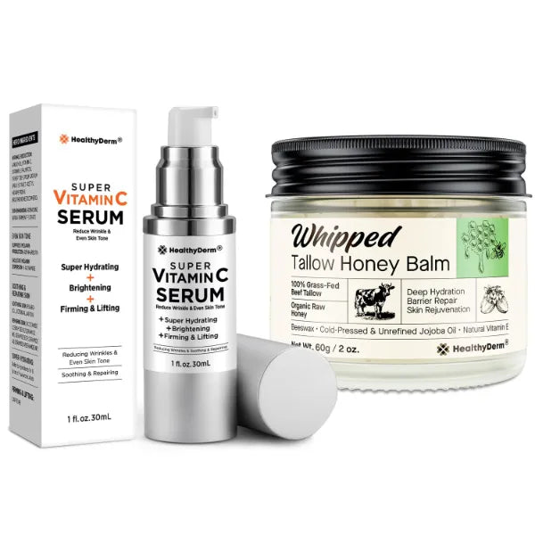 HealthyDerm Advanced Nourish & Restore Duo for Mature Skin – Super Vitamin C Face Serum + Whipped Beef Tallow Honey Balm – Hydrate, Brighten & Lift for Women Over 60, Anti-Aging Natural Moisturizer Duo