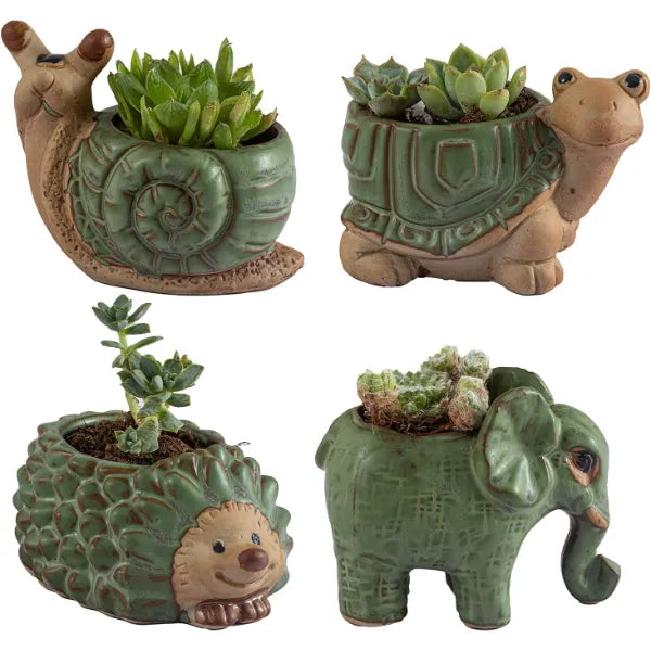 godealio Small Succulent Pots with Drainage, Indoor Outdoor Ceramic Animal Planter, Cute Cactus/Bonsai Small Flower Pots for Home Decor and Office Desk Decoration, A Set of 4 Pieces is Suitable as A Gift