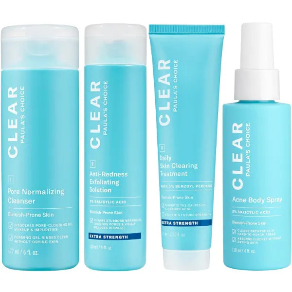 Paula's Choice CLEAR Extra Strength Acne Kit + CLEAR Back & Body Spray, 4-Piece Kit to Treat & Prevent Severe Acne, Salicylic Acid (BHA) for Face & Body Acne and 5% Benzoyl Peroxide Treatment
