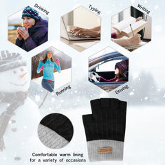 Fingerless Gloves for Women Warm - Winter Thermal Gloves Knitted Soft Half Fingers Mittens for Cold Weather Typing Working Driving - Black/Gray