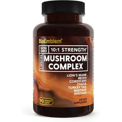 BioEmblem 7 Mushroom Complex, 10 1 Extract, Lion's Mane & Reishi, 90 Caps Reishi, Turkey Tail, Cordyceps, Chaga, Maitake & Shiitake Mushroom Supplement Immunity, Energy, Brain Made in USA, Vegan