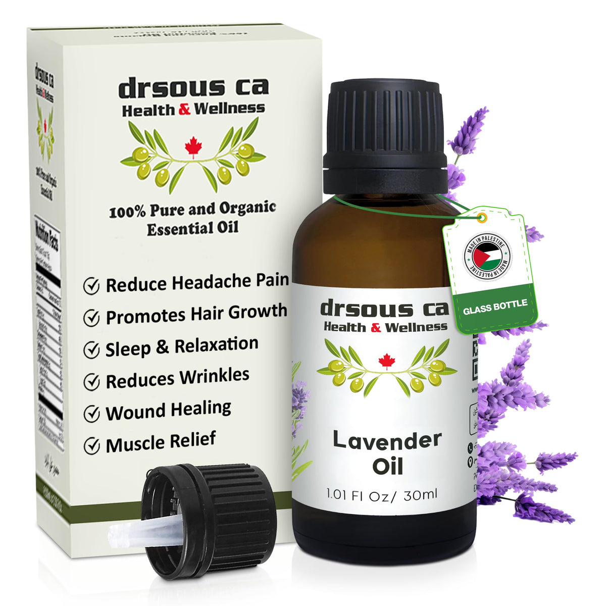 Drsous Ca Lavender Essential Oil 30ml | 100% Pure Cold Pressed Therapeutic Grade Lavender Oil for Hair Growth, Glowing Skin, Body Massage and Calming Sleep Aid | Made in Palestine