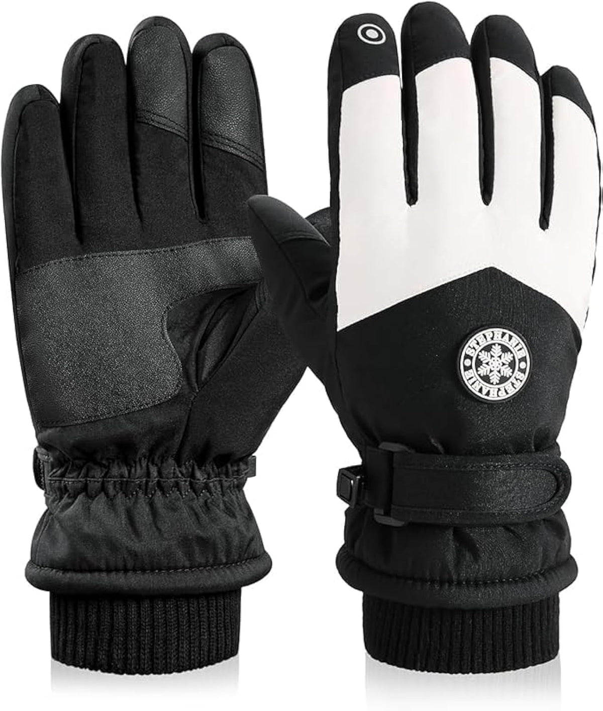 CLENEA Winter Ski Gloves for Men Women, Waterproof Gloves, Touchscreen Snowboard Gloves, Windproof Warm Snow Gloves, Anti Slip Palm Gloves, for Skiing, Snowboarding, Running and Cycling - Black And White