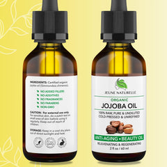 Jeune Naturelle Jojoba Oil Organic Cold Pressed - 100% Pure, Raw, Virgin, Undiluted, Unrefined - Ideal for Hair, for Skin, for Hair Growth, 2 oz