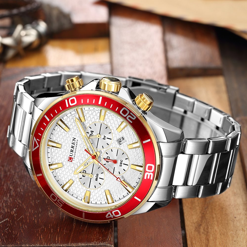Curren Analog Watch Stainless Steel Band Waterproof Wristwatch with Date Display, 8309 - Black, Gold