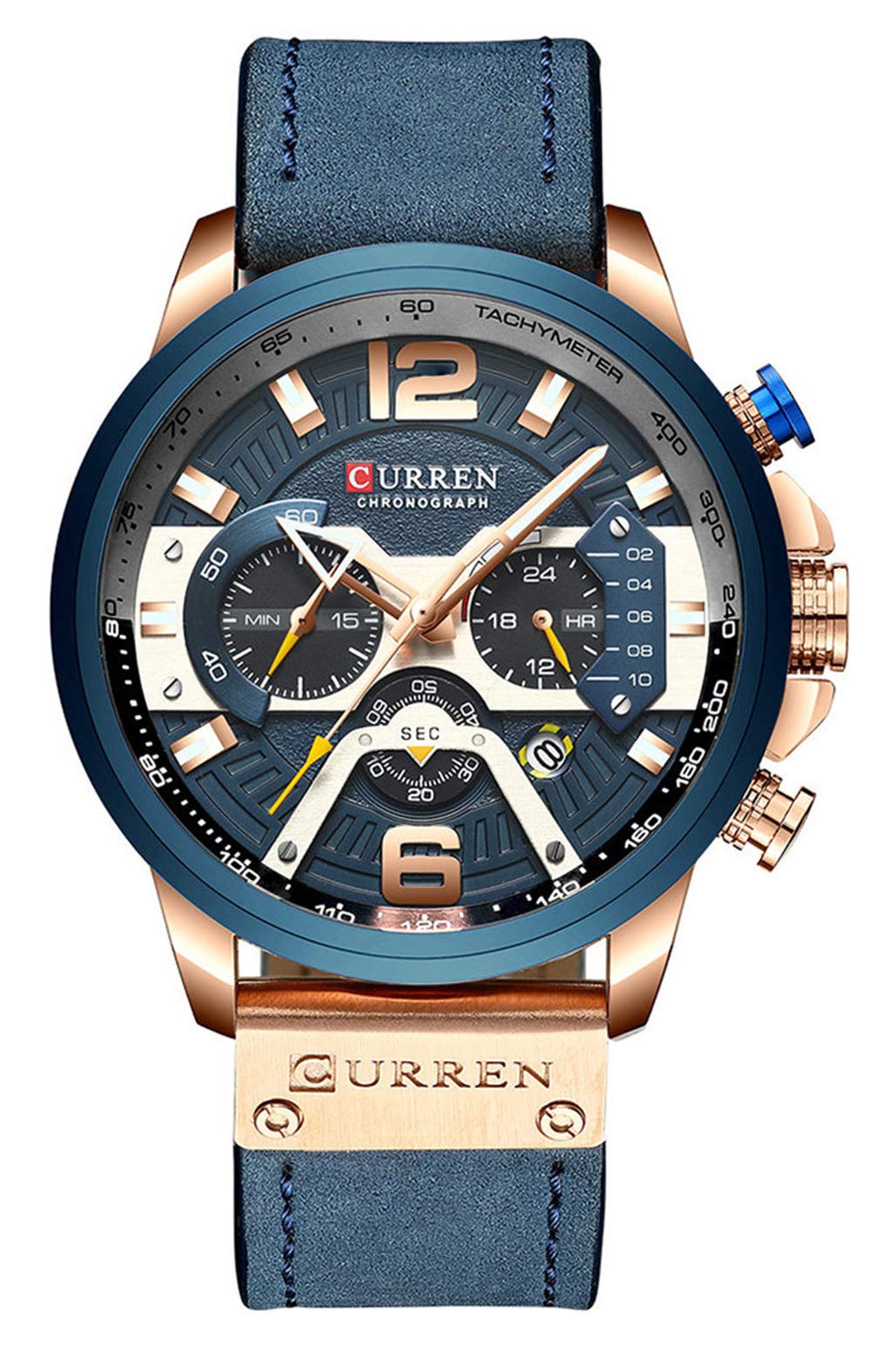 CURREN Men's Leather Strap Watches Classic Casual Dress Stainless Steel Waterproof Chronograph Date Analog Quartz Watch - Blue