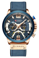 CURREN Men's Leather Strap Watches Classic Casual Dress Stainless Steel Waterproof Chronograph Date Analog Quartz Watch - Blue