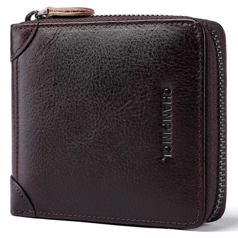 CHANPINCL Mens Genuine Leather Zipper Wallet RFID Secure Large Capacity Double Fold Multi-card Leather Wallets for Men and coin purse (Vegetable tanned leather bronw)