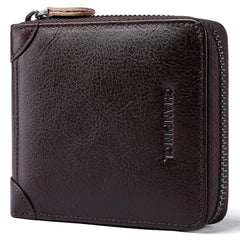 CHANPINCL Mens Genuine Leather Zipper Wallet RFID Secure Large Capacity Double Fold Multi-card Leather Wallets for Men and coin purse (Vegetable tanned leather bronw)