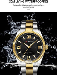 CURREN-Men's Stainless Steel Band Watch, Simple, Round Dial, Casual, Fashion, Water Resistant, Quartz, 8453 - T.T BLACK